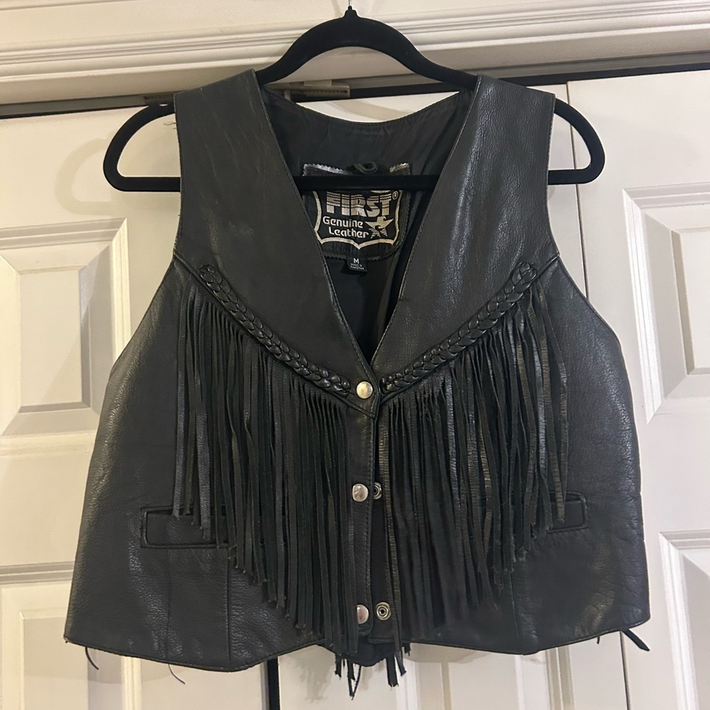 Vintage Black Leather Fringe Vest